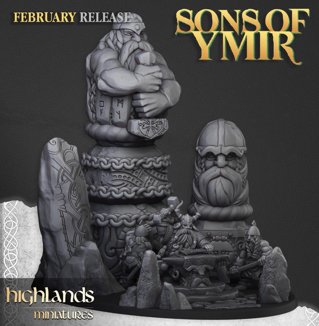 30mm Highland Miniatures Ancient Dwarf Forge and Great Dwarf Runemaster