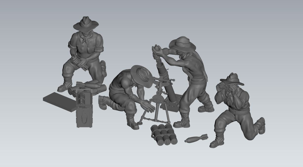 WWII Australian 3 Inch Mortar And Crew (4 models) Various Scales Historical Wargaming