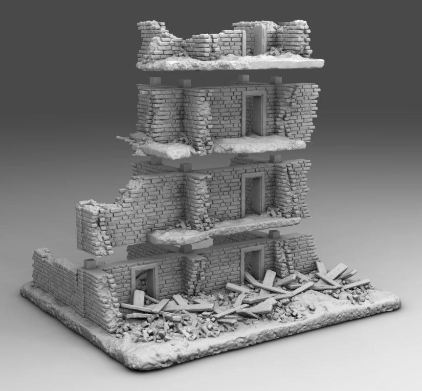 Wargaming Terrain Destroyed Building (3 floors) Various Scales Historical Wargaming
