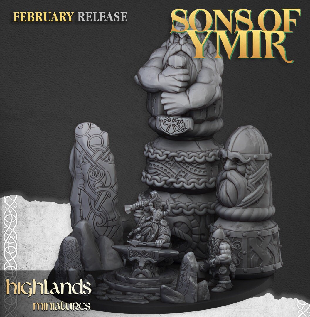30mm Highland Miniatures Ancient Dwarf Forge and Great Dwarf Runemaster