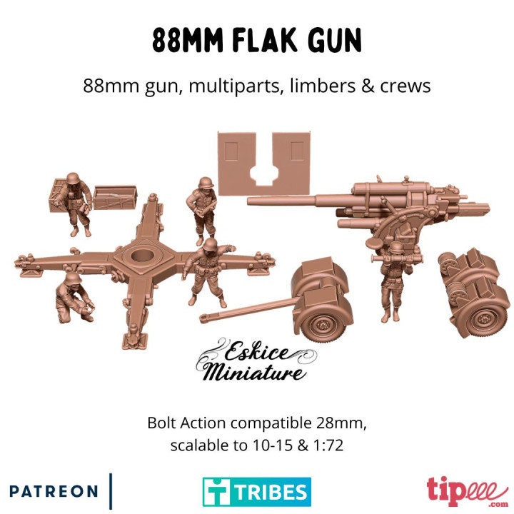 WWII German 88mm Flak Gun with Crew (5 models) and Limber Various Scales Historical Wargaming
