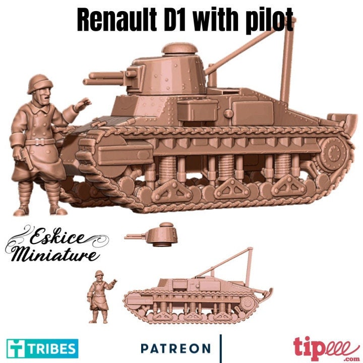 WWII French Renault D1 Tank with Driver Various Scales Historical Wargaming