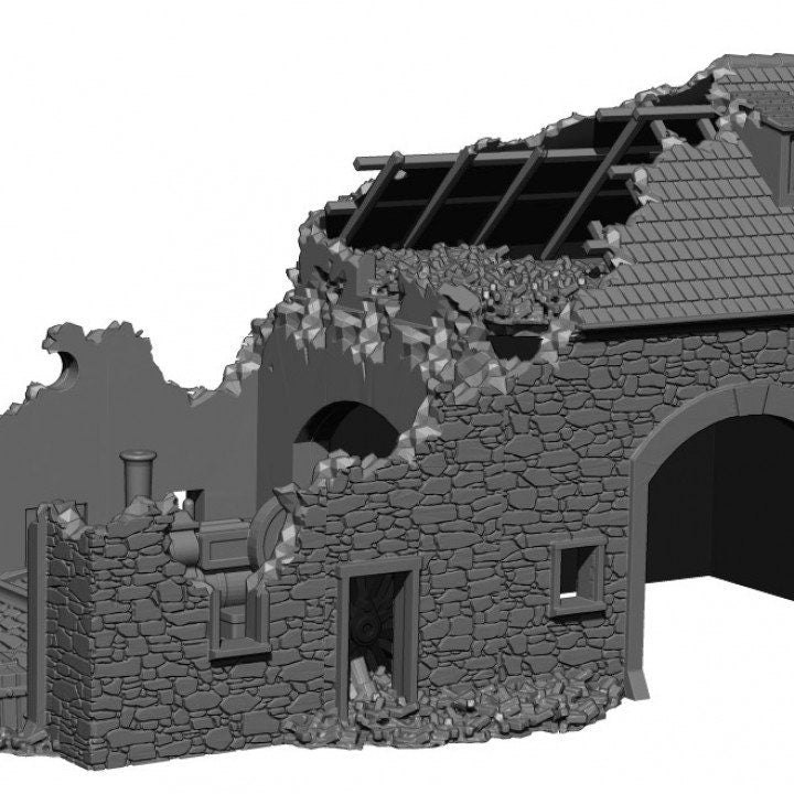Wargaming Terrain Destroyed Garage with Tractor Various Scales Historical Wargaming