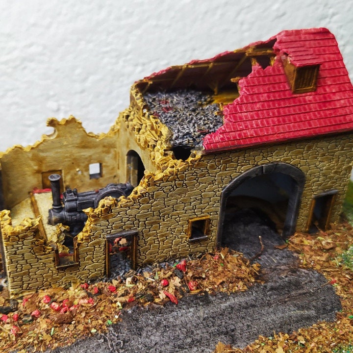 Wargaming Terrain Destroyed Garage with Tractor Various Scales Historical Wargaming