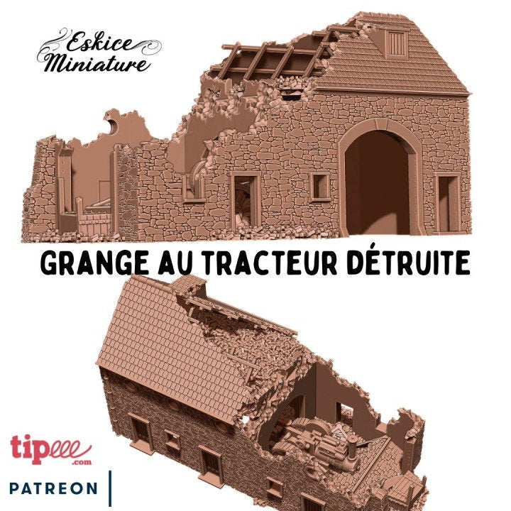 Wargaming Terrain Destroyed Garage with Tractor Various Scales Historical Wargaming