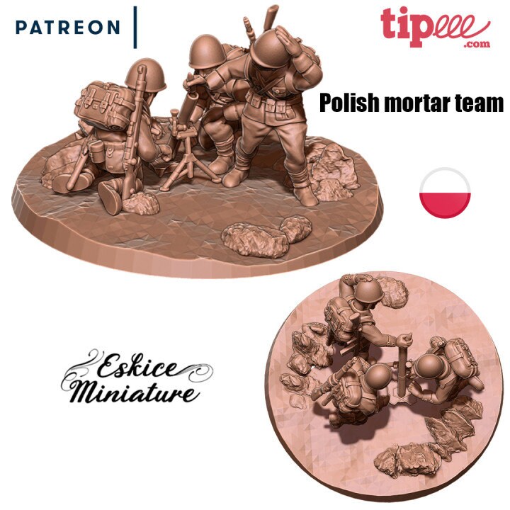 WWII Polish Mortar Team (3 models) Various Scales Historical Wargaming