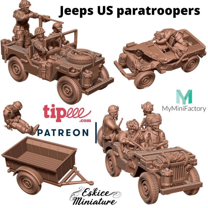 WWII US Paratroopers Jeep Set (3 Jeeps + Trailer) with Crew Various Scales Historical Wargaming