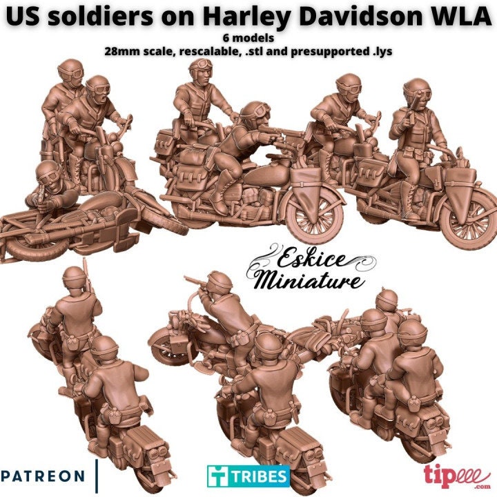 WWII US Unit on Harley Davidson Motorcycles (6 models) Various Scales Historical Wargaming