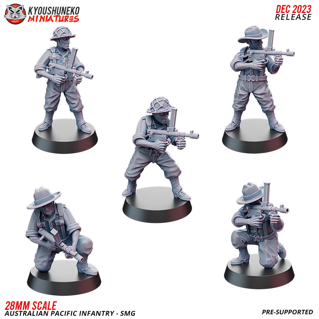 WWII Australian Pacific Infantry with SMGs (10 models) Various Scales Historical Wargaming