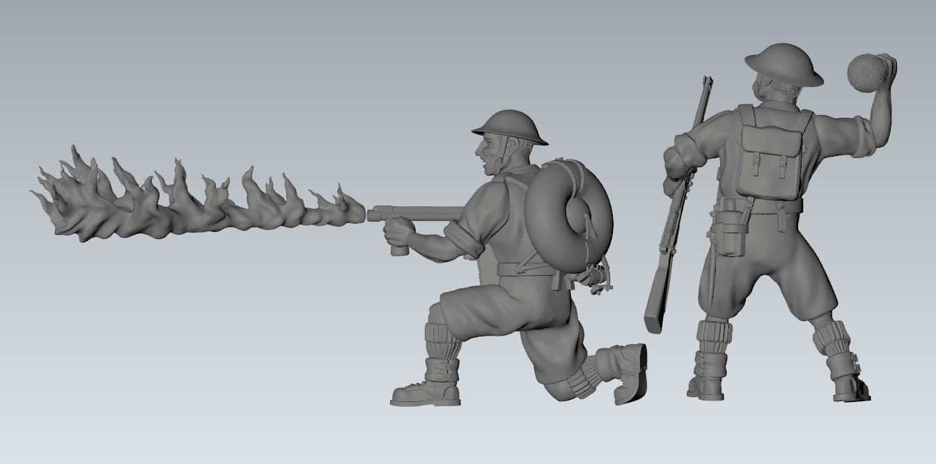 WWII British 8th Army Assault Engineers Flamethrower Team (2 models) Various Scales Historical Wargaming