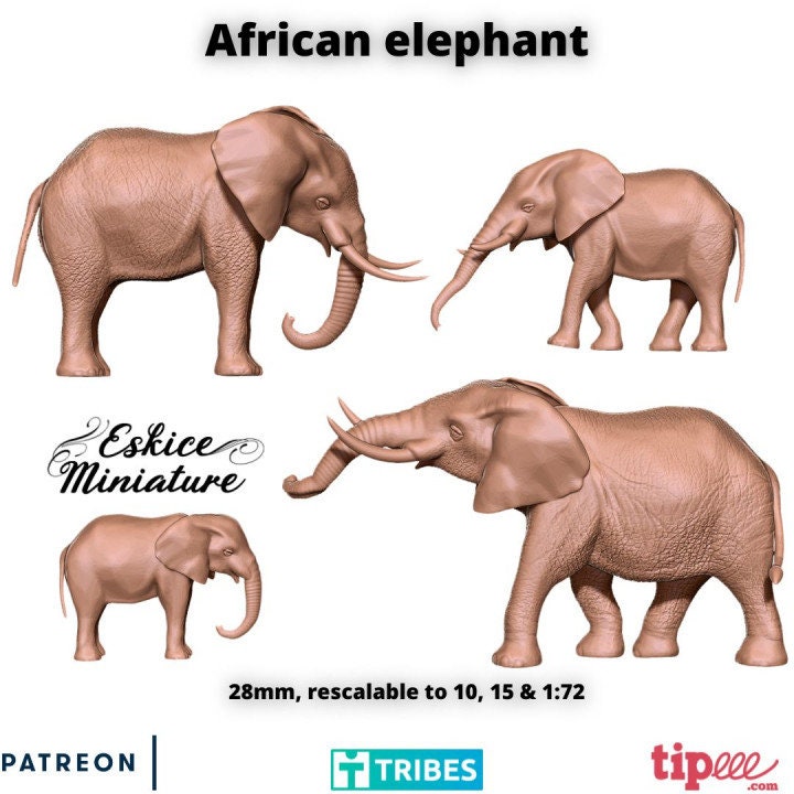 Wargaming Terrain Scatter African Elephants Set (4 models) Various Scales Historical Wargaming