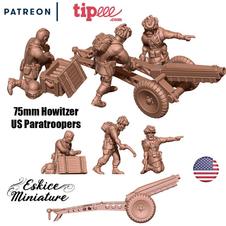 WWII US Paratroopers 75mm Howitzer with Crew (3 models) Various Scales Historical Wargaming (US tariffs are pre-paid by us)