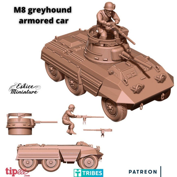 WWII US UK M8 Greyhound Armoured Car with Gunner Various Scales Historical Wargaming