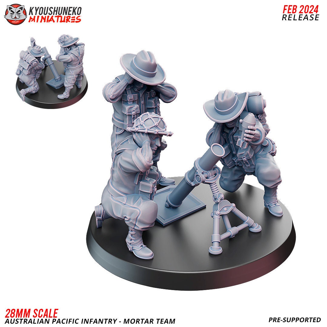 WWII Australian Pacific Mortar Team (3 models) Various Scales Historical Wargaming (US tariffs are pre-paid by us)