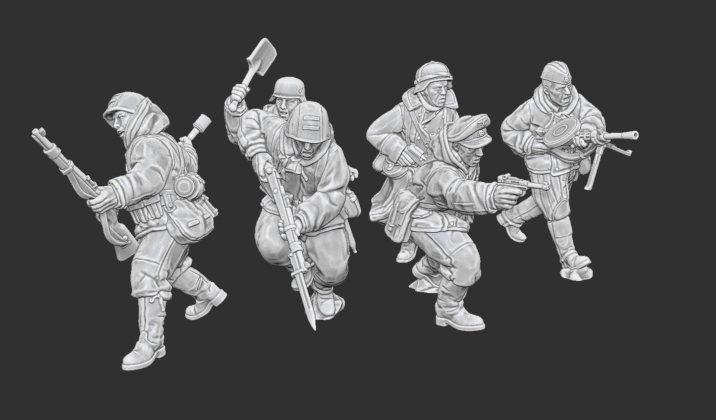 WWII Late War German Dismounted Cavalry Attacking with Soviet Weapons (6 models) Various Scales Historical Wargaming