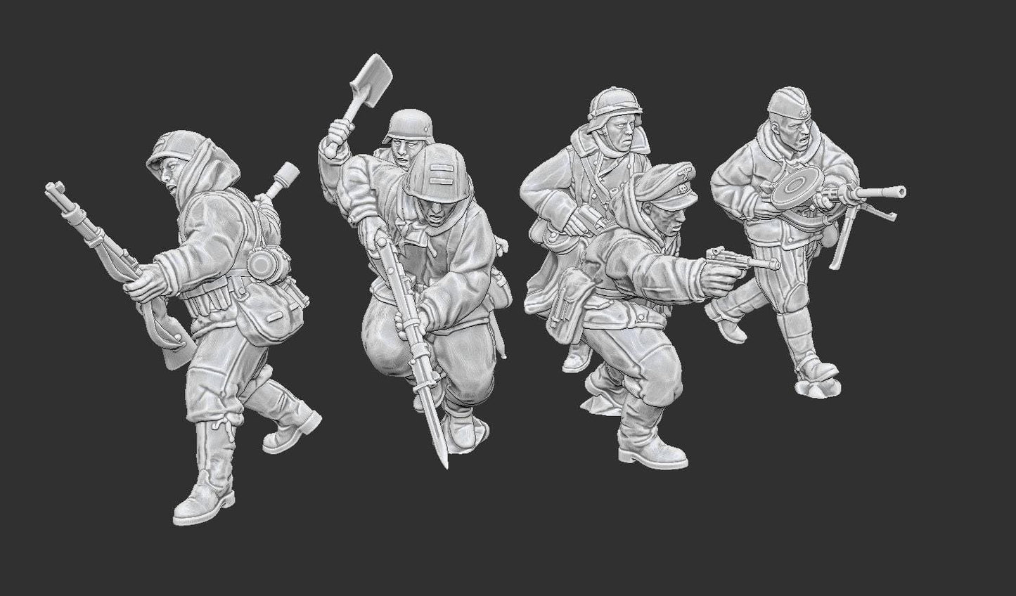 WWII Late War German Dismounted Cavalry Attacking with Soviet Weapons (6 models) Various Scales Historical Wargaming