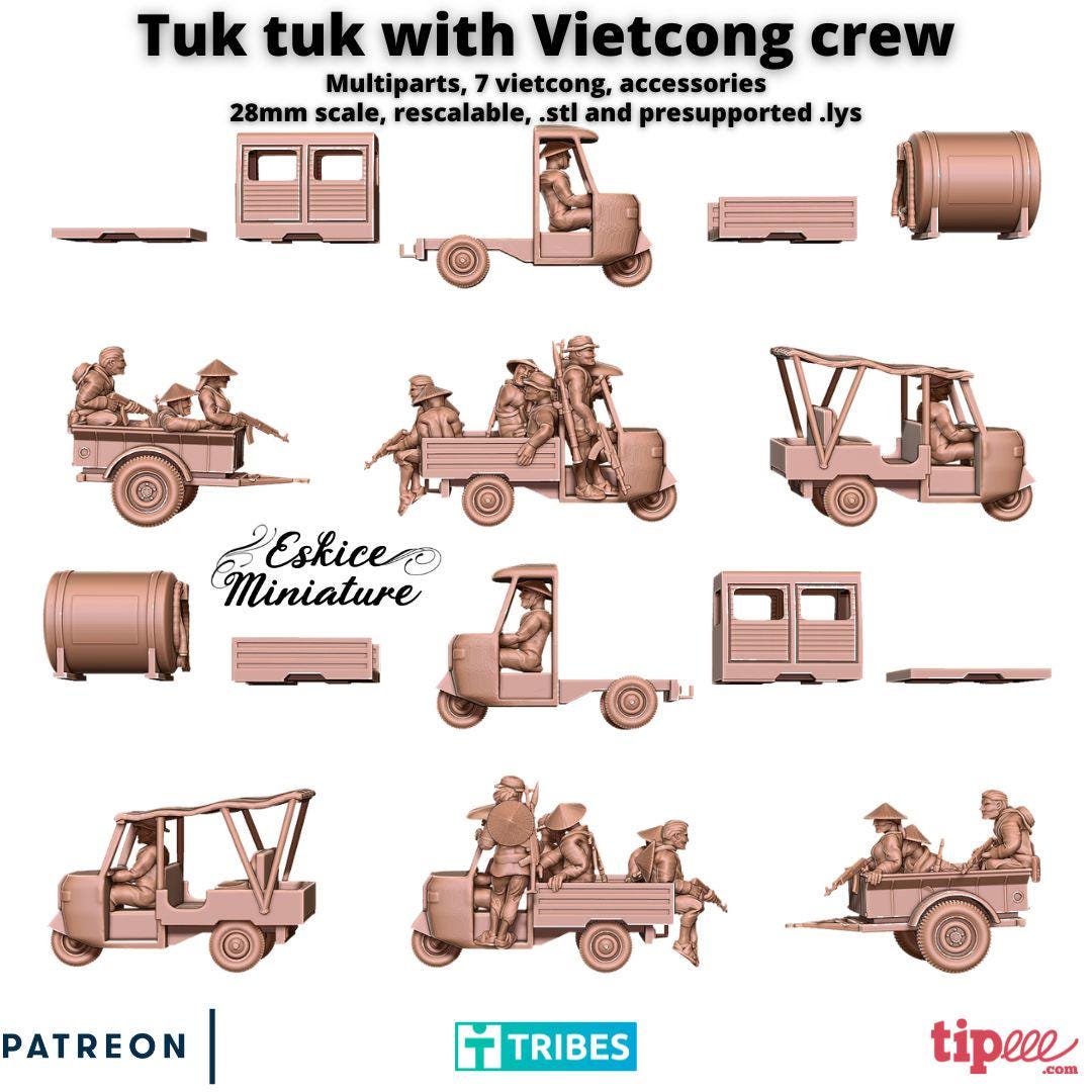 Vietnam War Tuk Tuk with Vietcong crew (Set of 7) Various Scales Historical Wargaming (US tariffs are pre-paid by us)