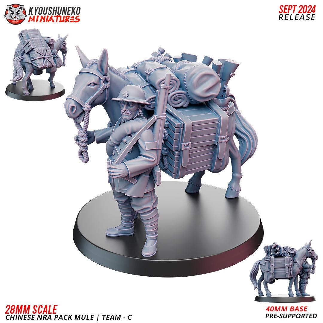 WWII Chinese NRA Pack Mules Set (3 Mules and 3 Handlers) Various Scales Historical Wargaming