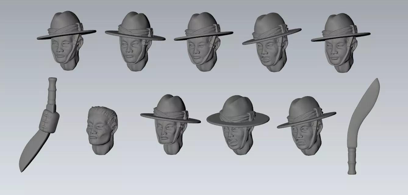 WWII Ghurka Head Set (9 heads) Various Scales Historical Wargaming (US tariffs are pre-paid by us)