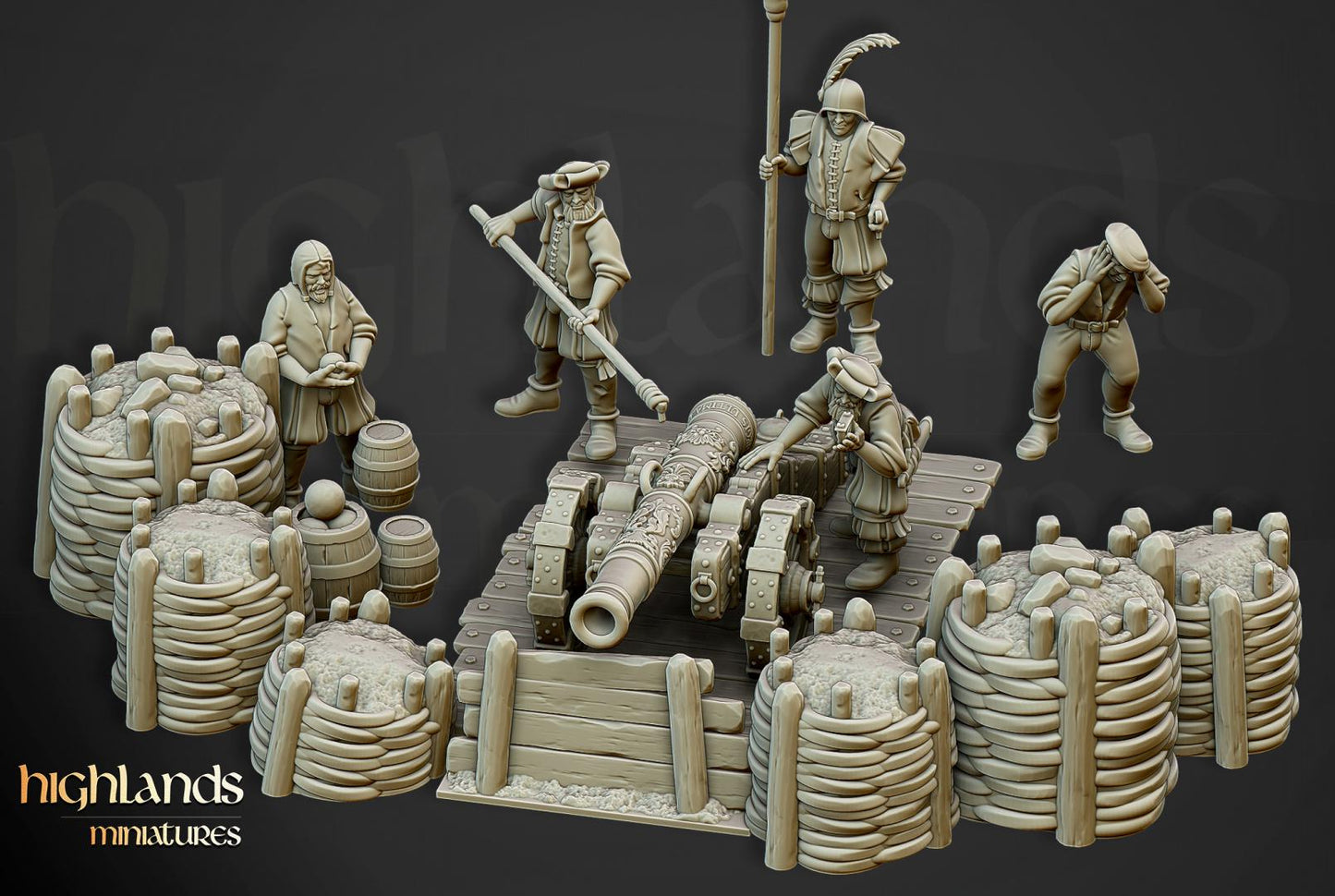 Sunland Artillery Battery with Crew, Cannon, Mortar, Volley Gun Highland Miniatures Various Scales (US tariffs are pre-paid by us)