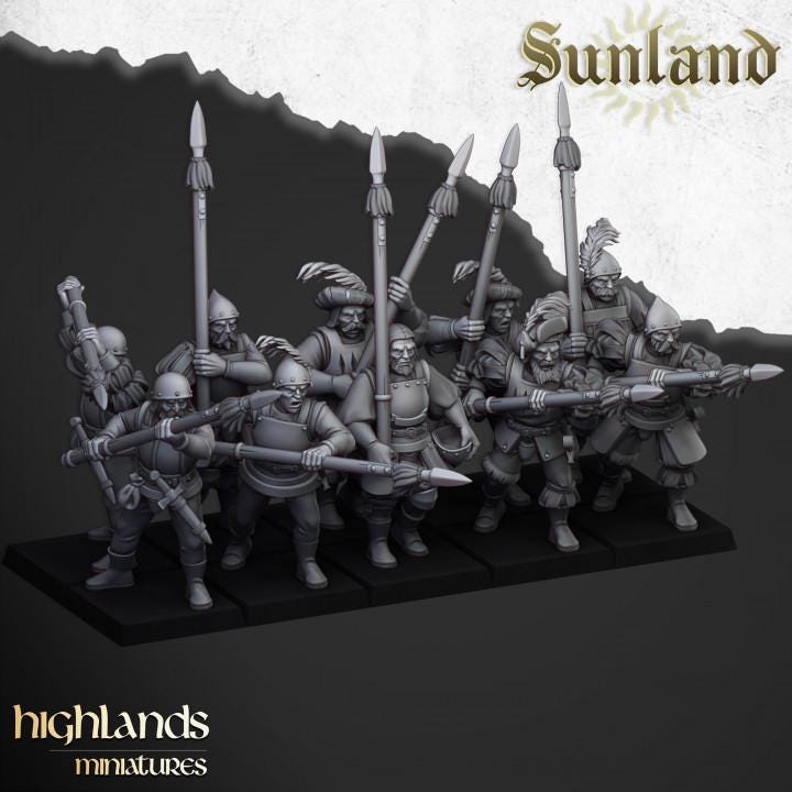 Sunland Troops with Halberds and Spears with Command Group 10 models Highland Miniatures Various Scales (US tariffs are pre-paid by us)