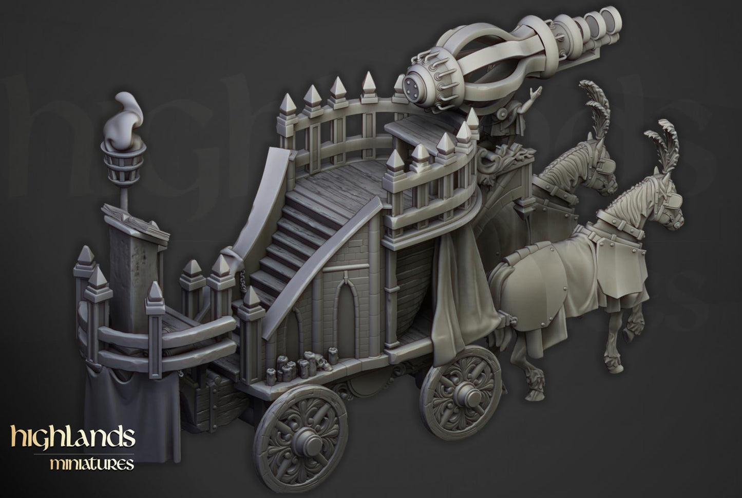 Arcane Cannon on Chariot Highland Miniatures Various Scales (US tariffs are pre-paid by us)