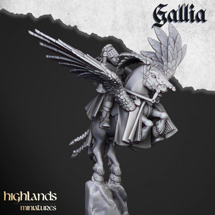 Gallia Knights on Pegasus with Scenic Bases 3 Mounted models Highland Miniatures Various Scales (US tariffs are pre-paid by us)
