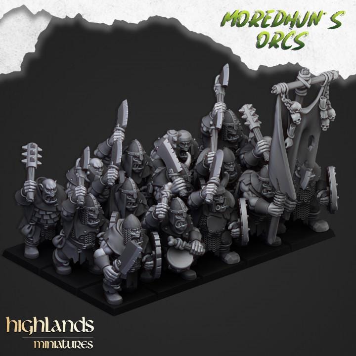 Orc Warriors with Hand Weapons and Command 10 models Highland Miniatures Various Scales (US tariffs are pre-paid by us)