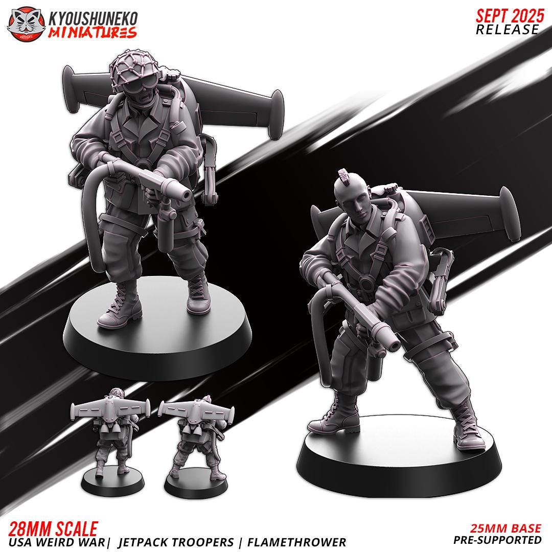 German Weird War Jetpack Troopers Flamethrower Team (2 models) Various Scales SF Wargaming (US tariffs are pre-paid by us)