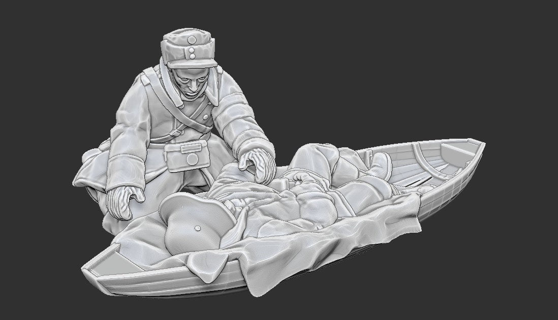 WWII Finnish Medic with Wounded Soldier on Sled Various Scales Historical Wargaming