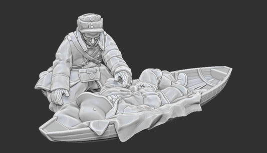 WWII Finnish Medic with Wounded Soldier on Sled Various Scales Historical Wargaming