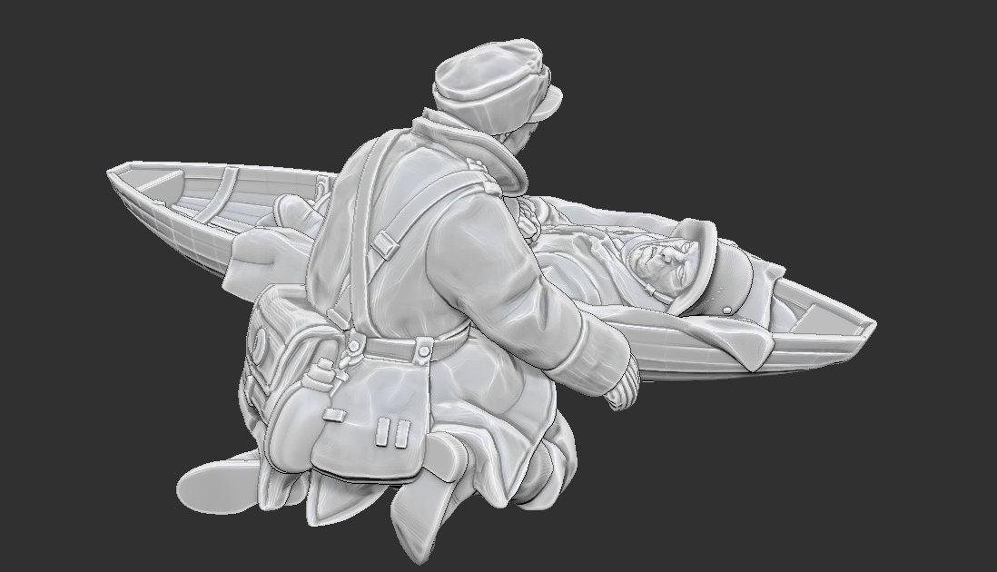 WWII Finnish Medic with Wounded Soldier on Sled Various Scales Historical Wargaming