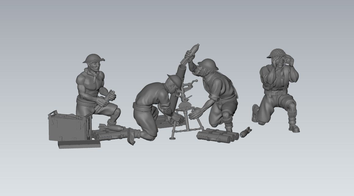 WWII British 8th Army 3 Inch Mortar with Crew (4 models) Various Scales Historical Wargaming