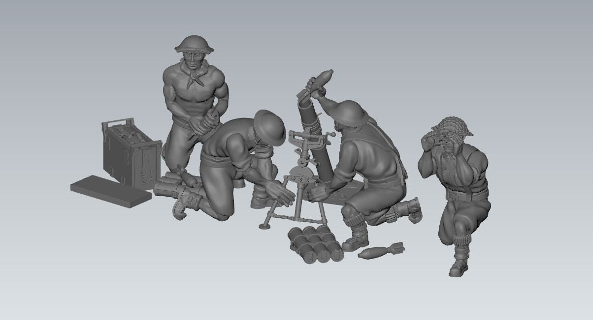 WWII British 8th Army 3 Inch Mortar with Crew (4 models) Various Scales Historical Wargaming (US tariffs are pre-paid by us)