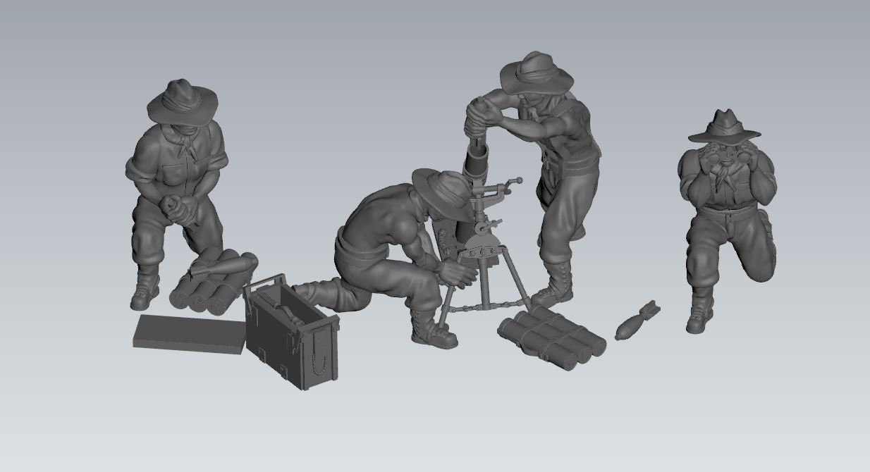WWII Australian 3 Inch Mortar And Crew (4 models) Various Scales Historical Wargaming