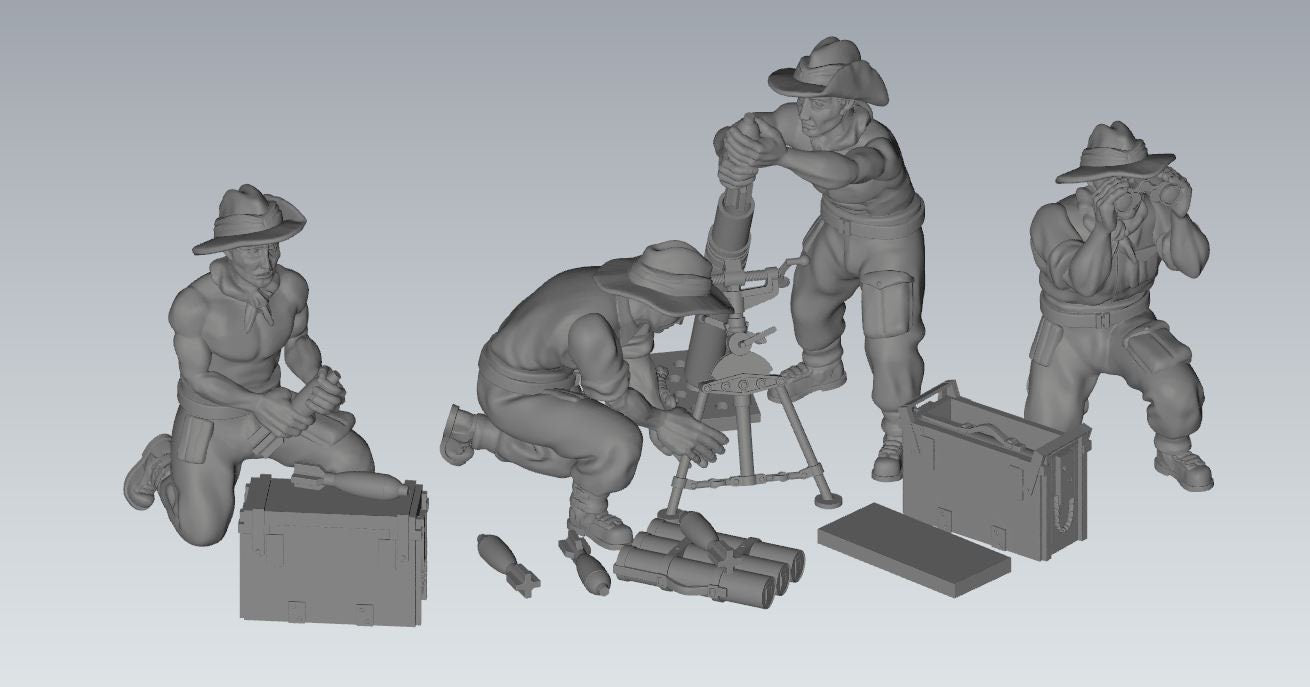 WWII Chindit 3 Inch Mortar with Crew (4 models) Various Scales Historical Wargaming (US tariffs are pre-paid by us)
