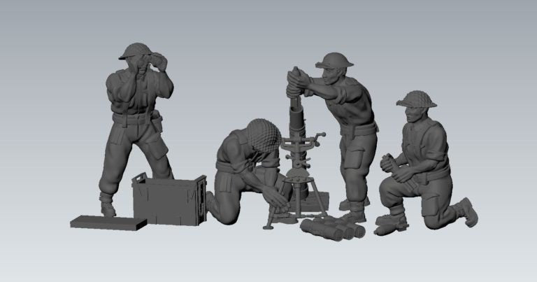 WWII British 3 Inch Mortar with Crew (4 models) Various Scales Historical Wargaming