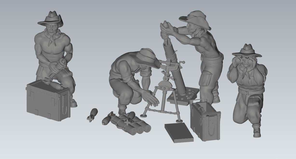 WWII Chindit 3 Inch Mortar with Crew (4 models) Various Scales Historical Wargaming