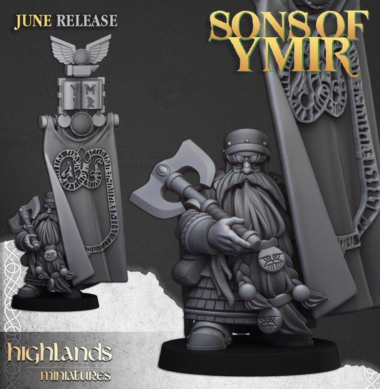 28mm Highland Miniatures Dwarf Lord with Battle Banner suitable for WFB AOS