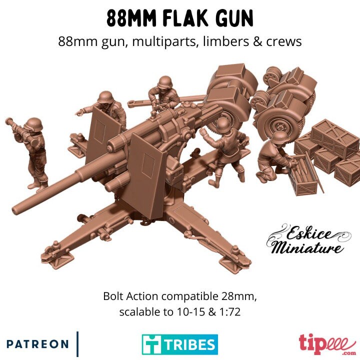 WWII German 88mm Flak Gun with Crew (5 models) and Limber Various Scales Historical Wargaming