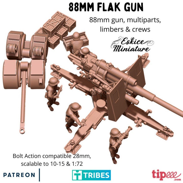 WWII German 88mm Flak Gun with Crew (5 models) and Limber Various Scales Historical Wargaming