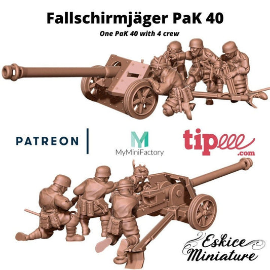 WWII German Fallschirmjager Pak 40 Anti Tank Gun with Crew (4 models) Various Scales Historical Wargaming