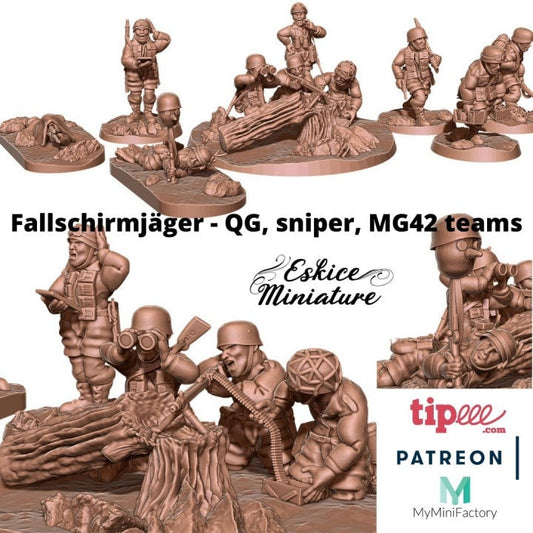 WWII German Fallschirmjager Sniper, MMG and HQ Set (10 models) Various Scales Historical Wargaming