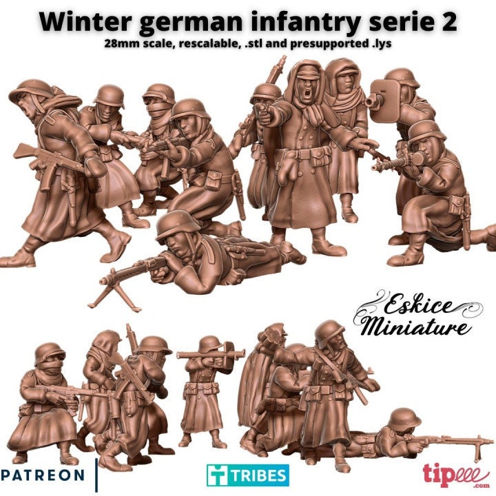 WWII Winter German Infantry Unit 2 (10 Models) Various Scales Historical Wargaming
