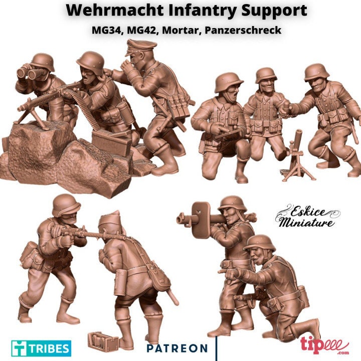 WWII German Support Weapons Set MMG, HMG, Mortar, Panzerschreck (10 models) Various Scales Historical Wargaming