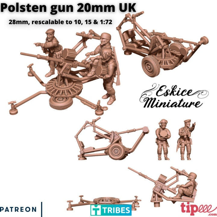 WWII UK Polsten 20mm Gun with Paratrooper Crew Various Scales Historical Wargaming