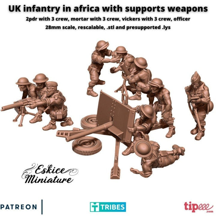 WWII UK 8th Army Support Weapons Set (2pdr Gun, Mortar and MMG with Crews) Various Scales Historical Wargaming