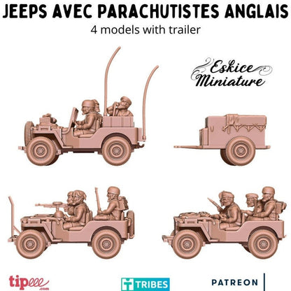 WWII UK Paratroopers Jeeps Set - 3 Jeeps 10 Crew Trailer Various Scales Historical Wargaming