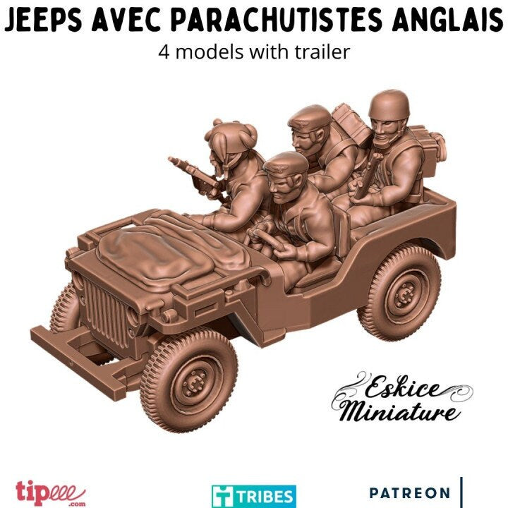 WWII UK Paratroopers Jeeps Set - 3 Jeeps 10 Crew Trailer Various Scales Historical Wargaming