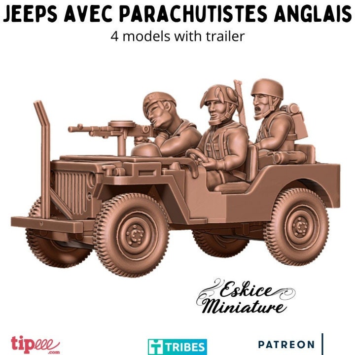 WWII UK Paratroopers Jeeps Set - 3 Jeeps 10 Crew Trailer Various Scales Historical Wargaming